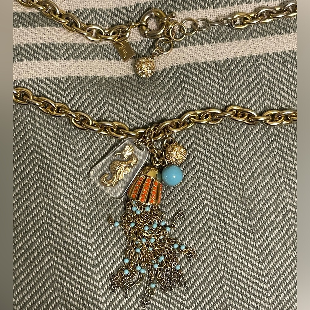 Lilly Pulitzer Tassel Seahorse Beaded Crystal Charm Necklace Gold Tone Nautical - Picture 2 of 2